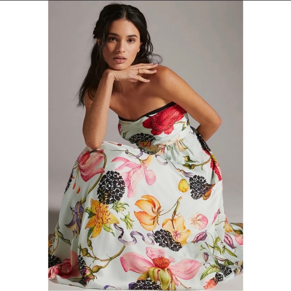 Anthropologie Geisha Designs Strapless Floral Maxi Dress sz 4 but fits a 0 XS